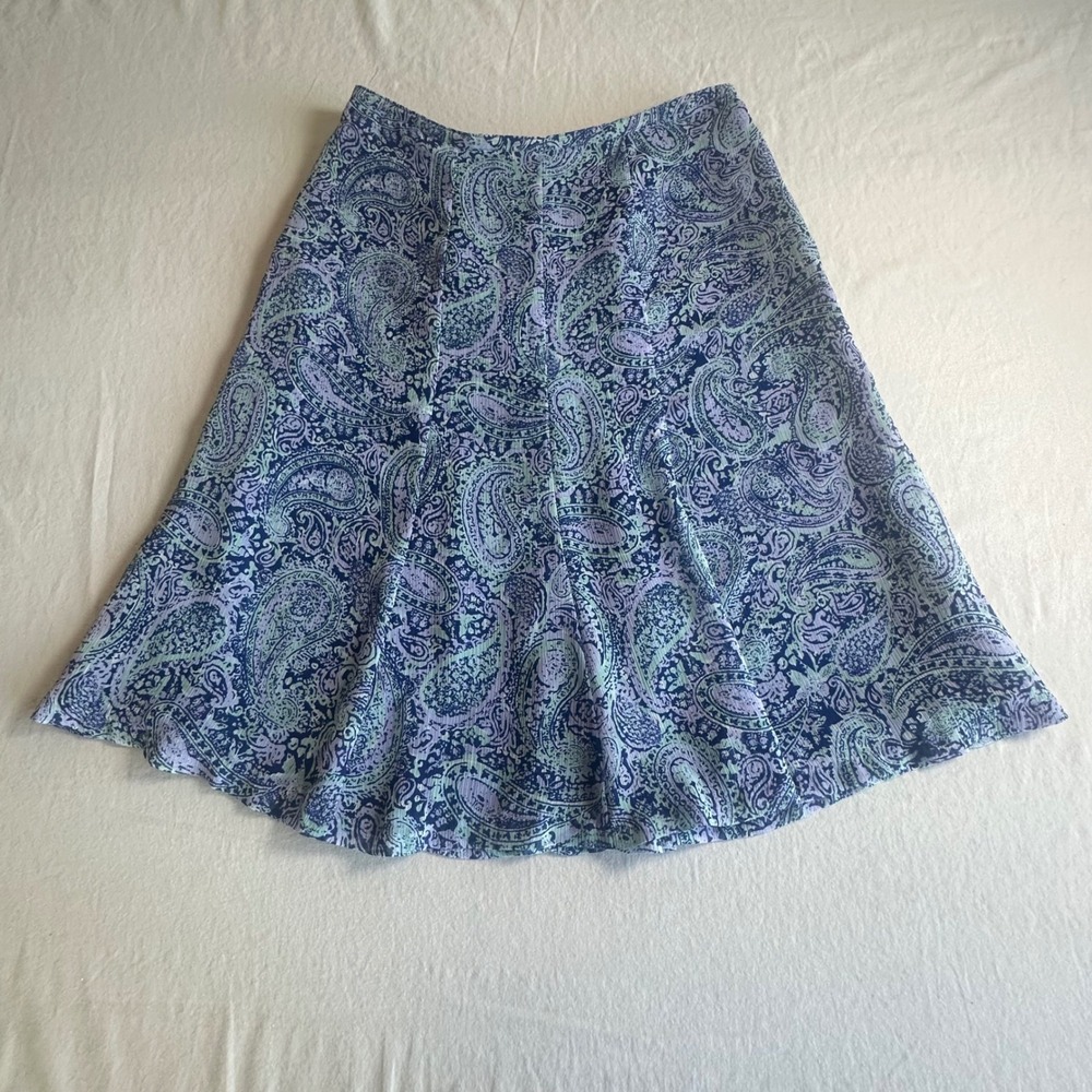 Jaclyn Smith Blue Paisley Print A-Line Midi Skirt Lined Flowy Boho Flare Hem 8